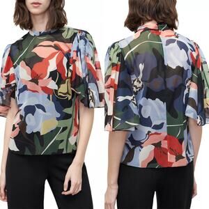 Rebecca Taylor Botanical Garden Mock Neck Blouse Size 2 Black Combo Silk Blend